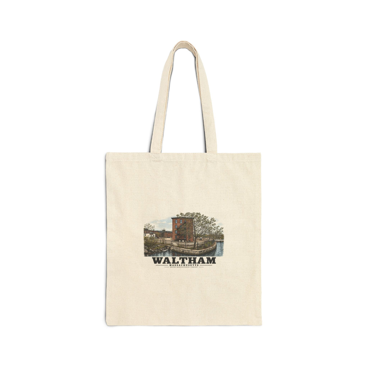 Illustrated Boston Manufacturing Company in Waltham on cotton canvas tote — natural canvas