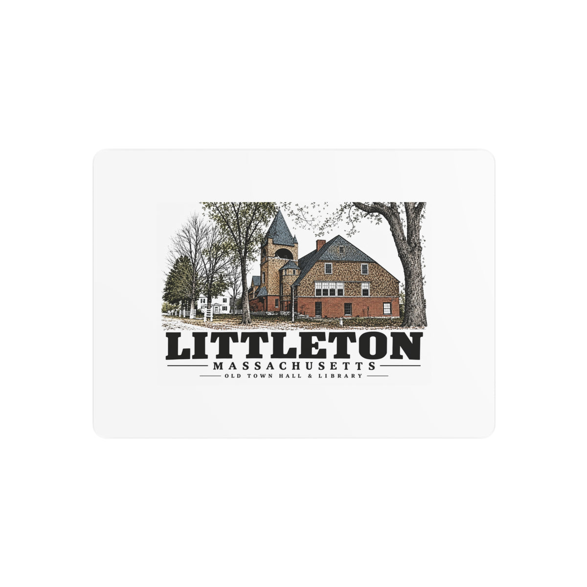 Illustrated Old Town Hall & Library in Littleton on metal art sign