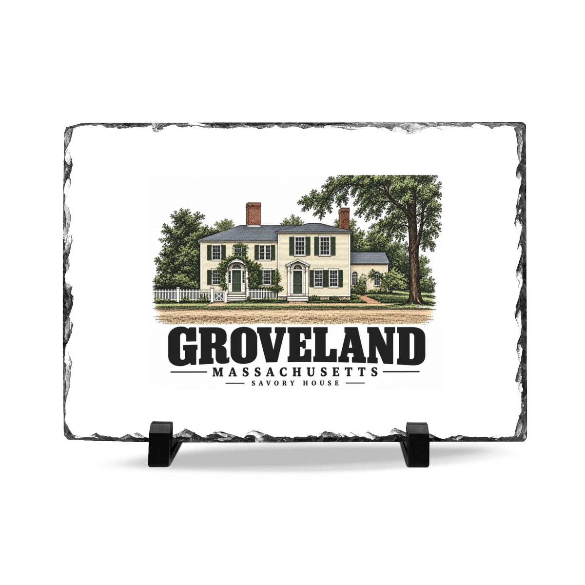 Front on display stands of Savory House slate desk plaque, with Groveland, Massachusetts artwork and lettering.