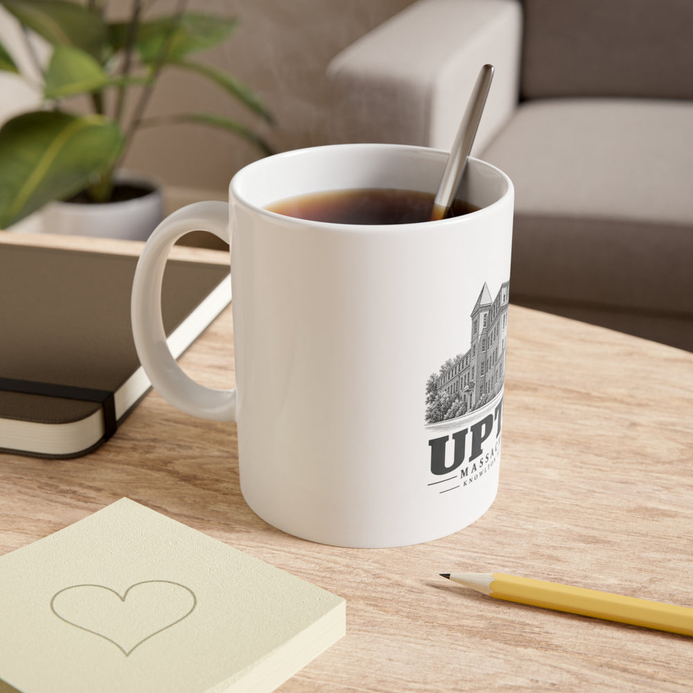 Upton Knowlton Hat Factory artwork on an 11 oz white ceramic mug, alternate view