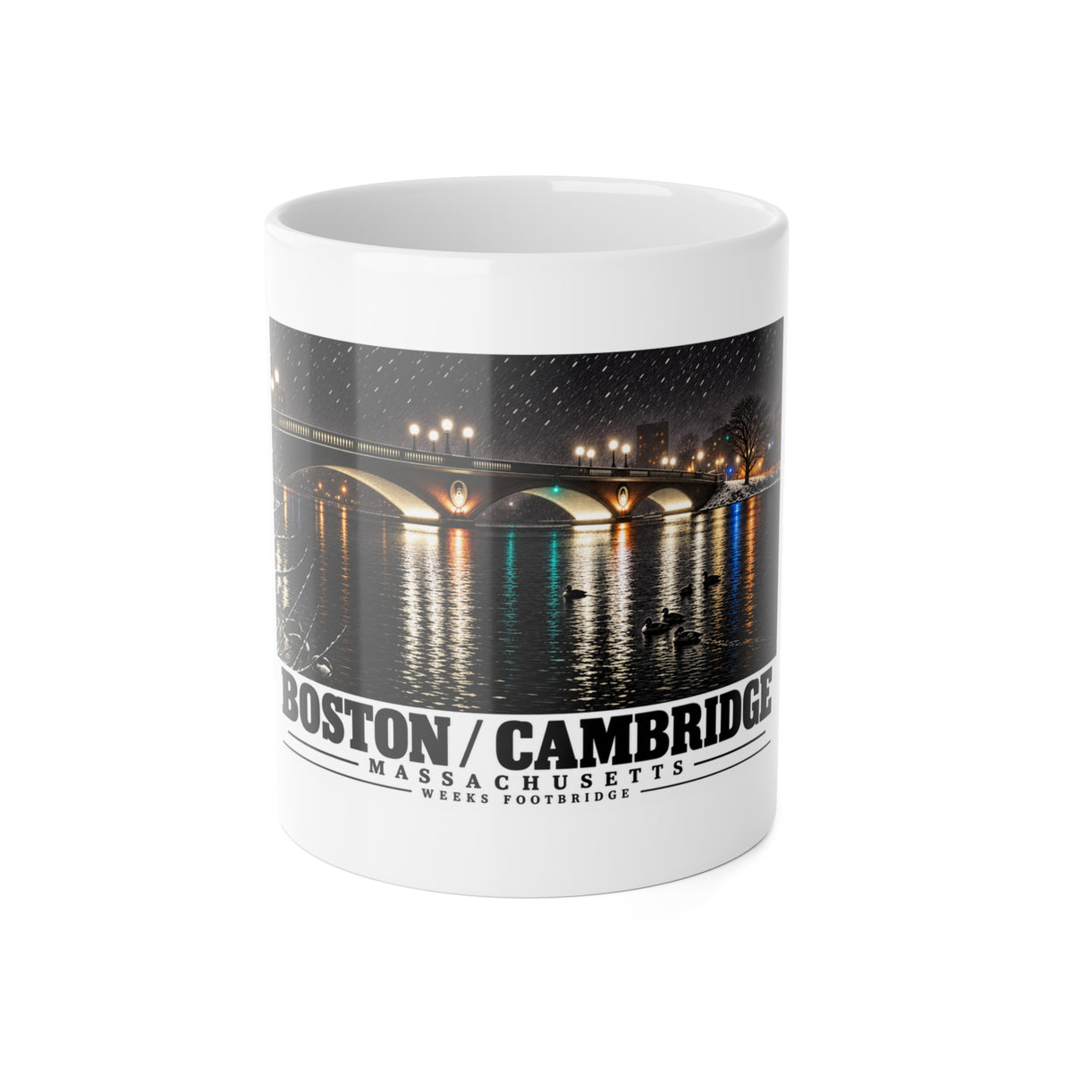 White mug showing Weeks Footbridge illuminated night view with water reflections artwork and Boston/Cambridge lettering