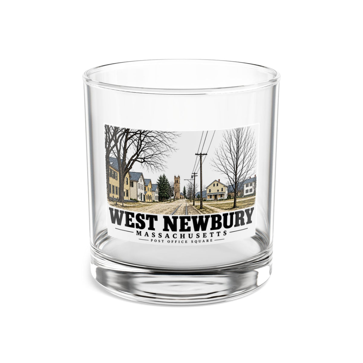 Illustrated Post Office Square and street railway tracks in West Newbury on rocks glass