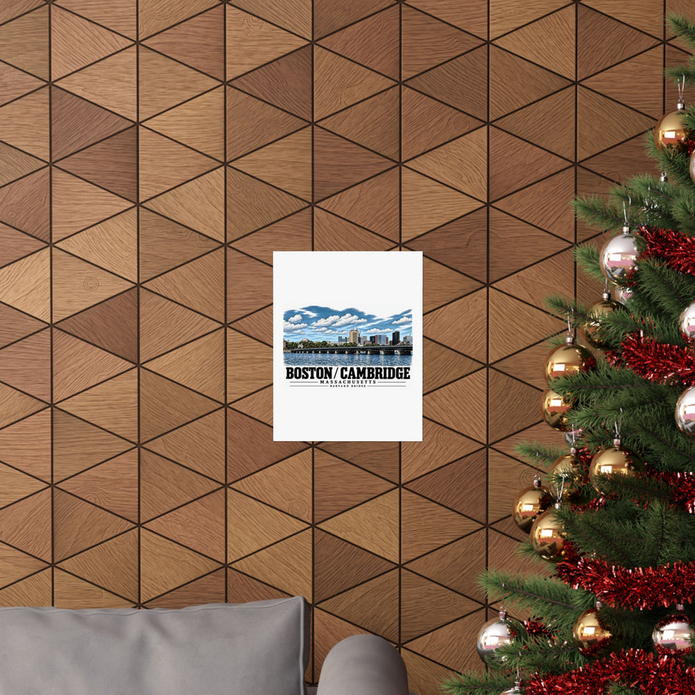 Harvard Bridge river and skyline view poster on a wood wall beside a decorated evergreen