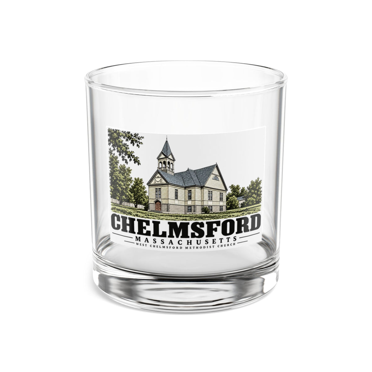 Illustrated West Chelmsford Methodist Church in Chelmsford on rocks glass