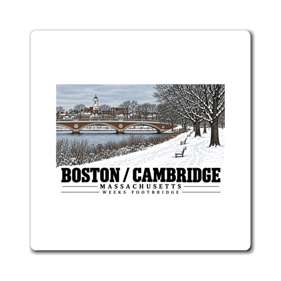 White rectangular magnet showing Weeks Footbridge winter riverbank view with snow and benches artwork and Boston/Cambridge lettering