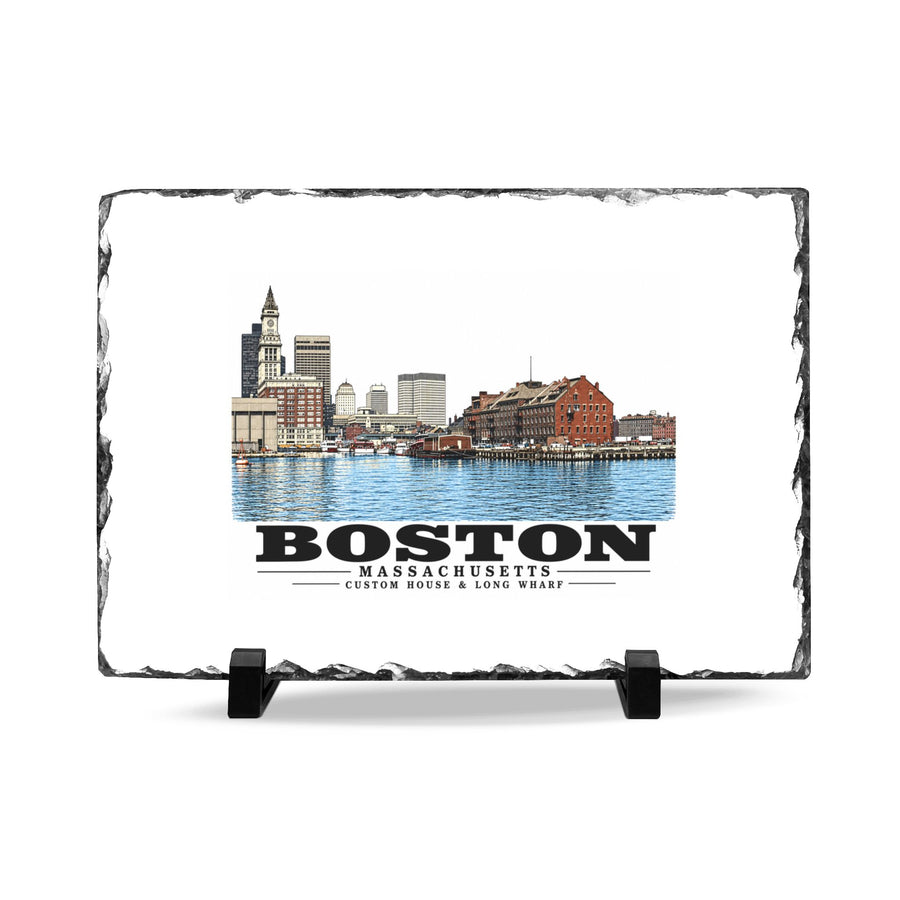 Custom House left to Long Wharf right 7 × 11 in Slate Desk Plaque - Boston Harbor