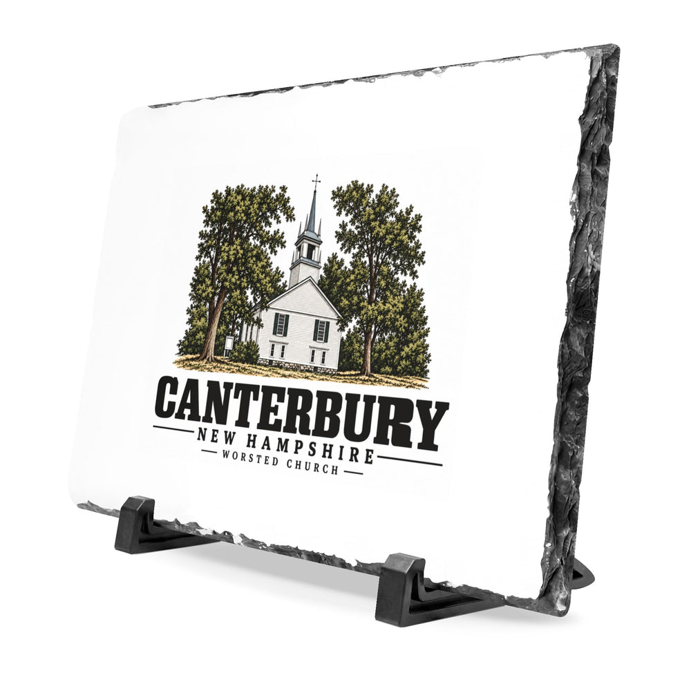Angled front on display stands of Worsted Church slate desk plaque, with Canterbury, New Hampshire artwork and lettering.
