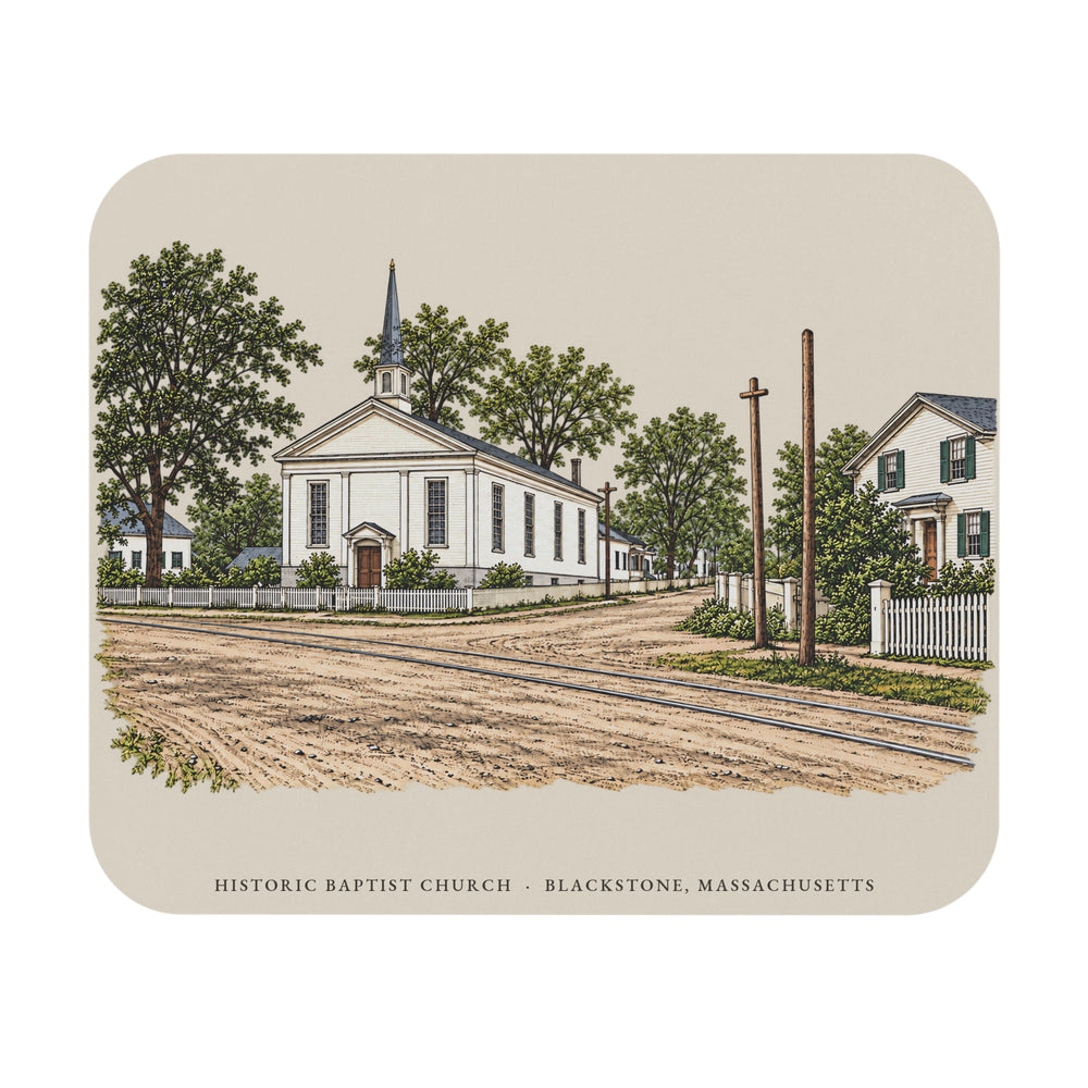 Blackstone Historic Baptist Church / Streetscape mouse pad mockup showing the full illustrated print