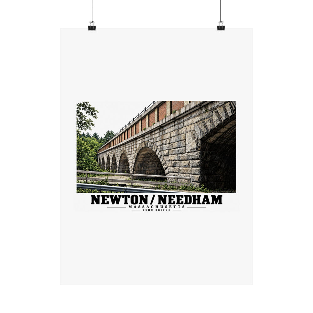 Poster suspended from two binder clips with Echo Bridge artwork showing a row of stone arches and a brick upper band, with Newton/Needham lettering.