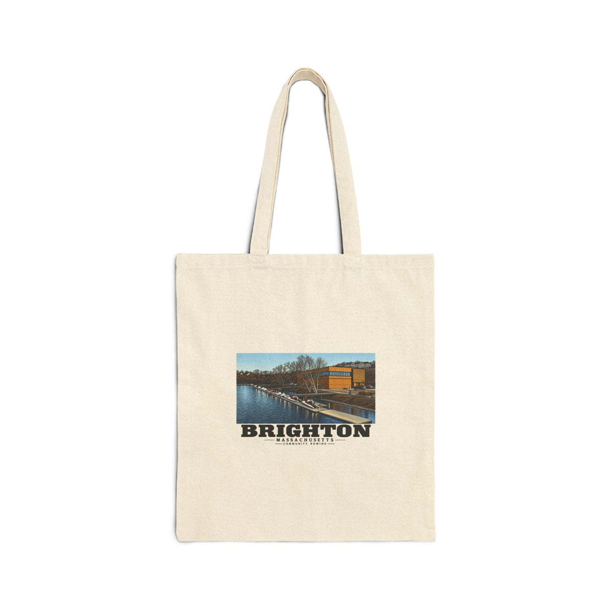 Natural fabric tote with Community Rowing building, dock and boats artwork and Brighton lettering