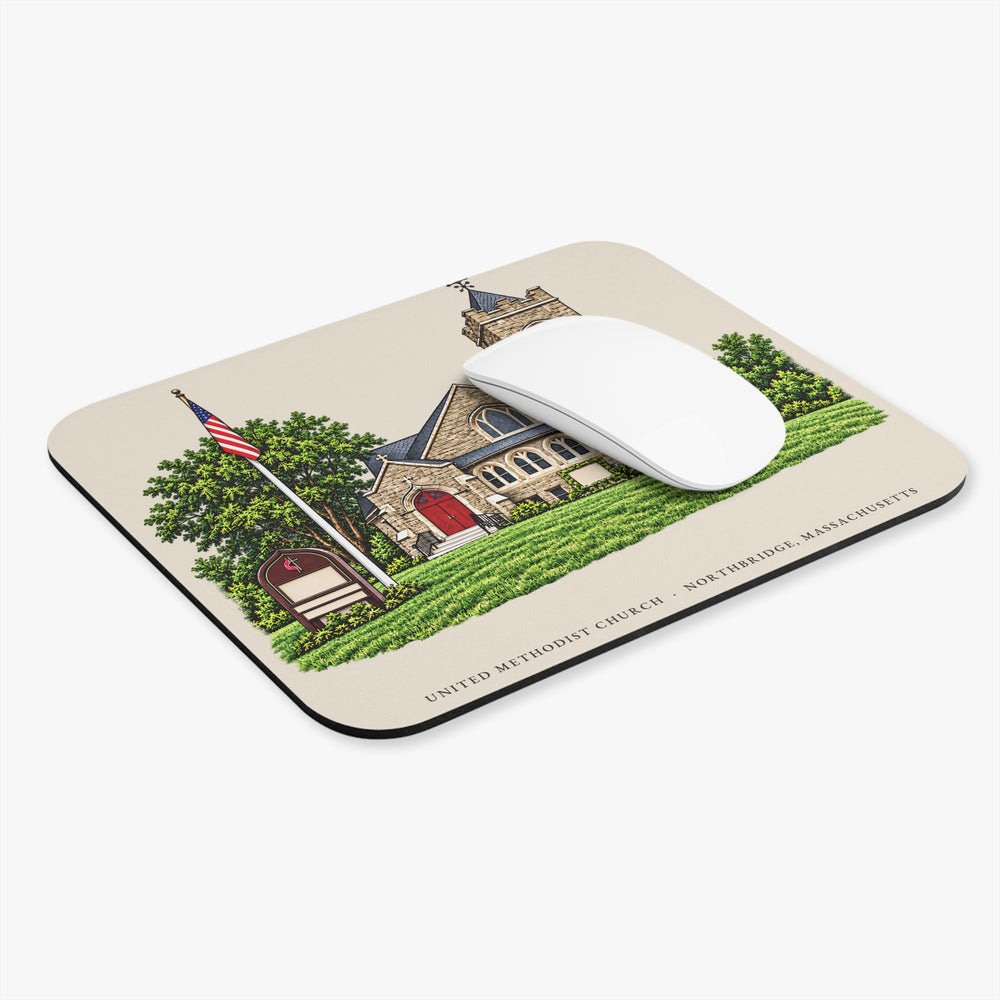 Northbridge United Methodist Church mouse pad mockup showing the full illustrated print