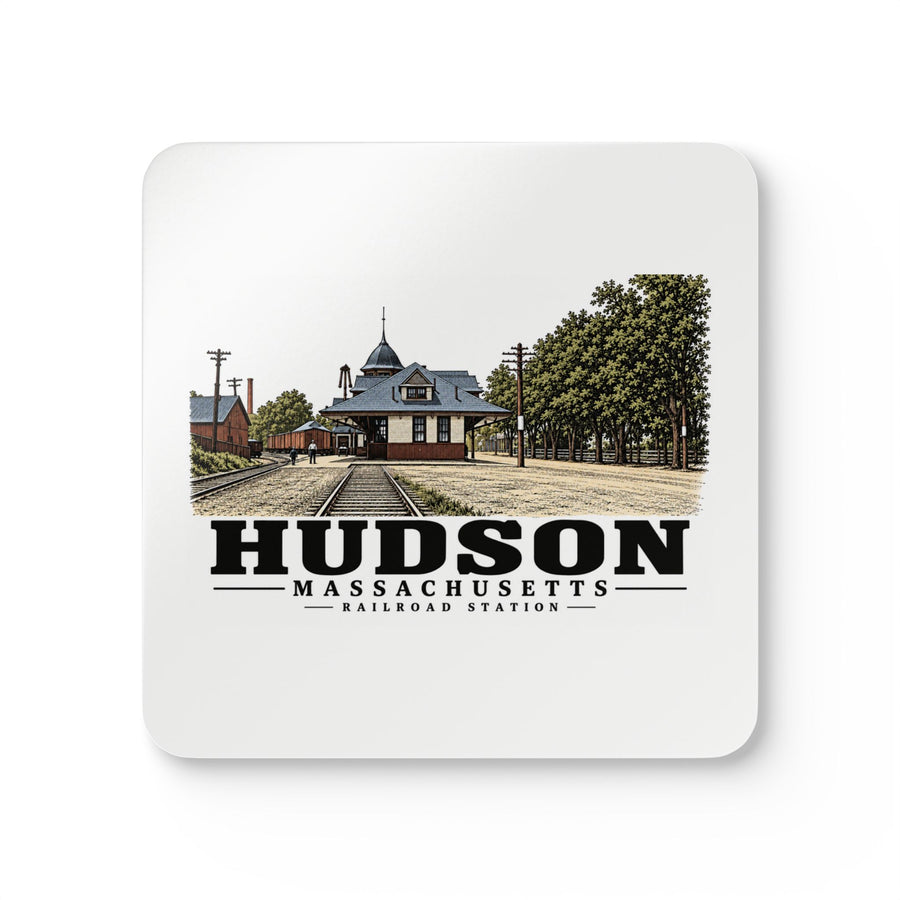 Illustrated Railroad Station in Hudson on corkwood coaster set