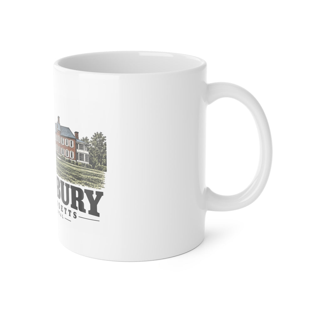 Right-handle side view of State Hospital white ceramic mug, Tewksbury, Massachusetts.