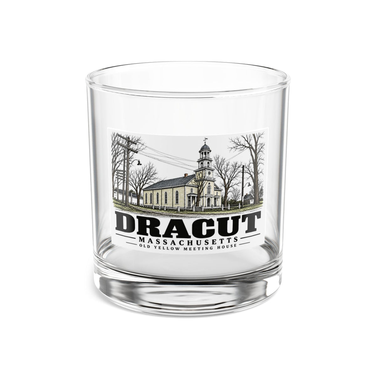 Old Yellow Meeting House, Dracut illustration on 10 oz rocks glass — front view
