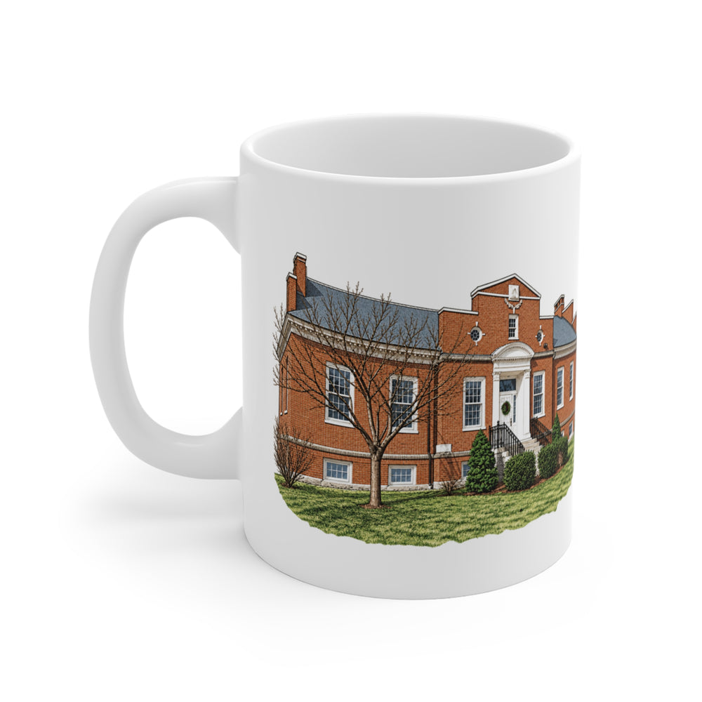 Millbury Carnegie Library 11 oz ceramic mug — artwork view, handle left — Familiar History