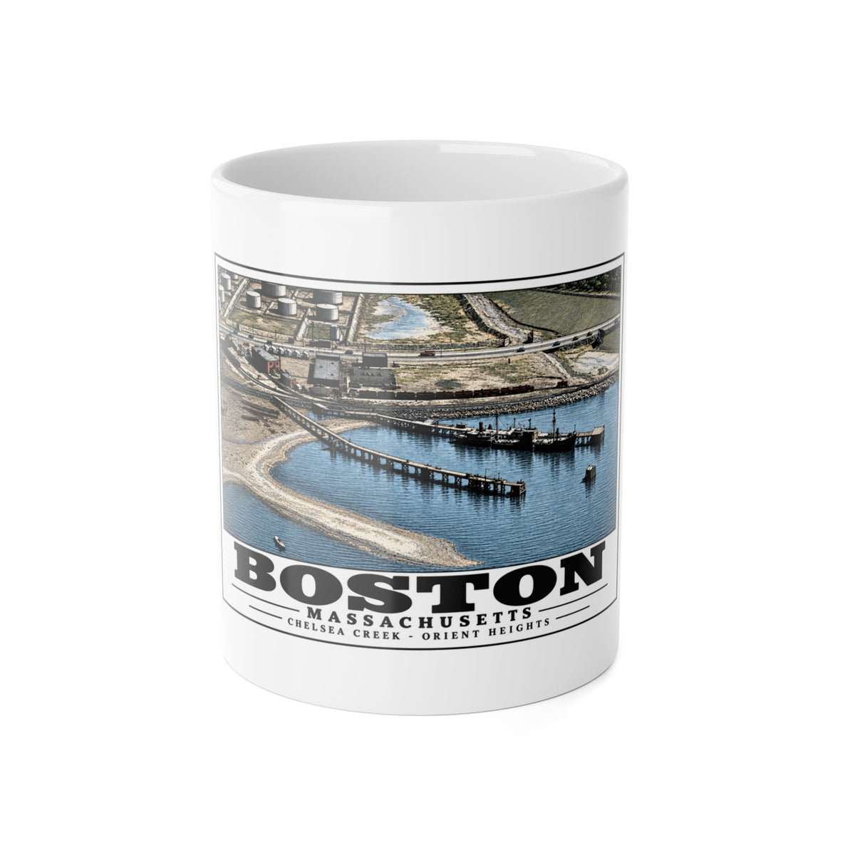 Orient Heights taken at 600 feet-Shore line, Chelsea Creek, East Boston 11 oz White Ceramic Mug - Boston Harbor