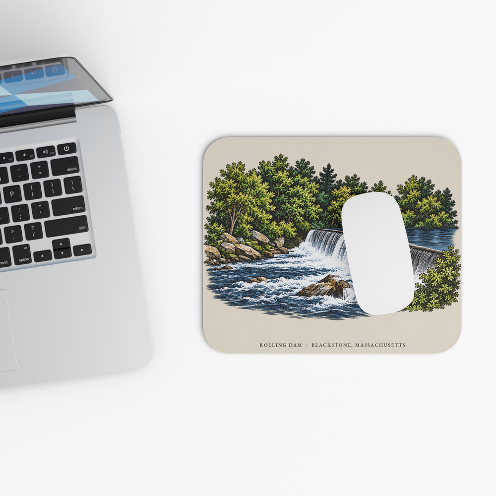 Blackstone Rolling Dam mouse pad mockup showing the full illustrated print