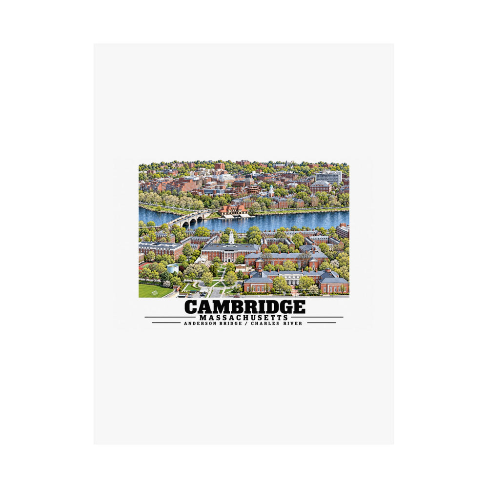 Hanging poster with a Cambridge and Charles River aerial view and Cambridge lettering.
