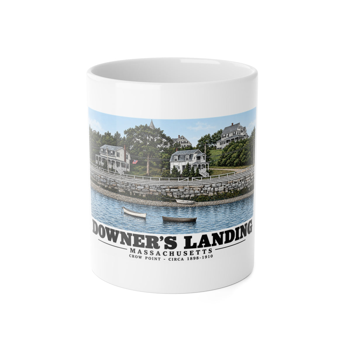 Downer's Landing, Mass. 11 oz White Ceramic Mug - Boston Harbor