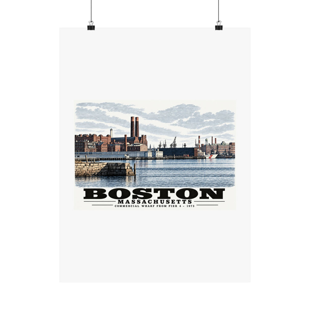 Commercial Wharf waterfront buildings, twin chimneys and harbor water poster with Boston lettering hanging from two binder clips