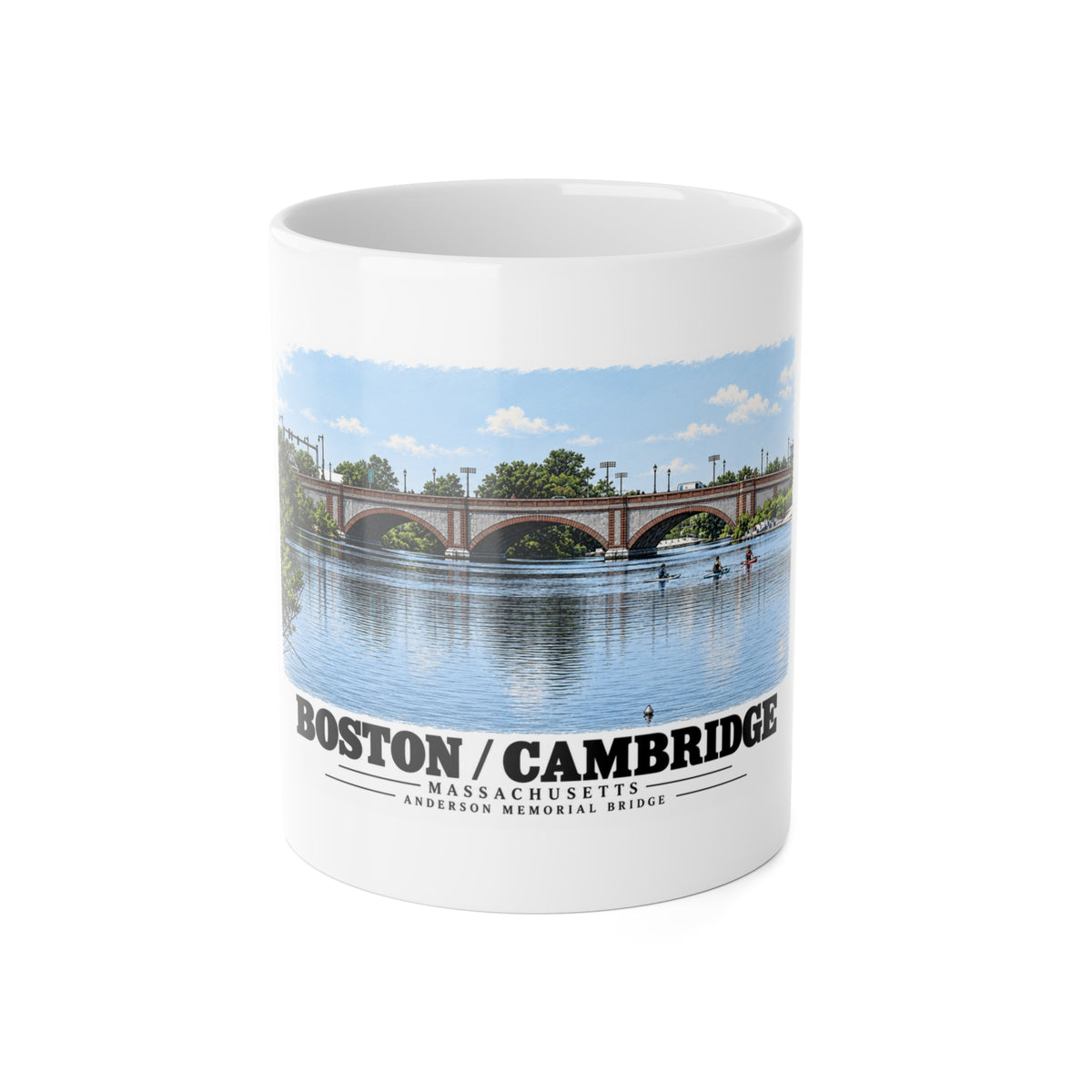 White mug showing Anderson Memorial Bridge and scullers artwork and Boston/Cambridge lettering