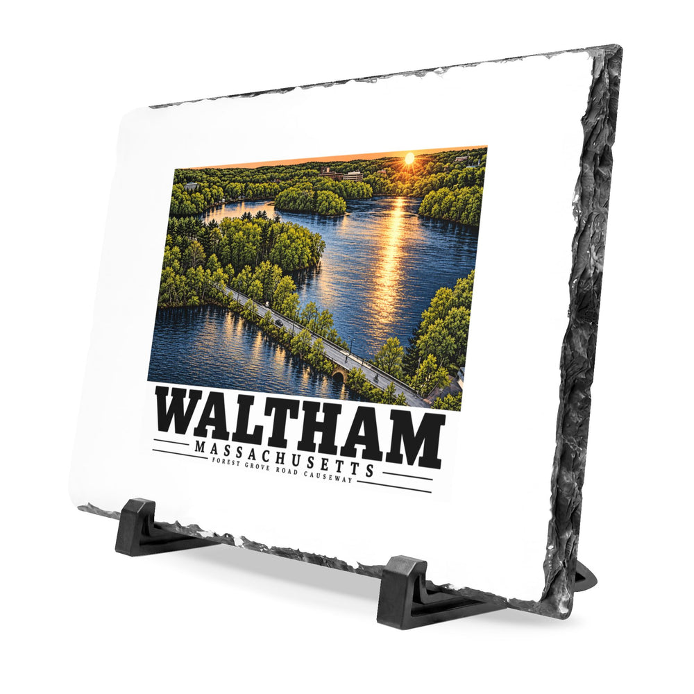 Angled view of the Forest Grove Road Causeway slate plaque showing its chiseled edge and display stands.