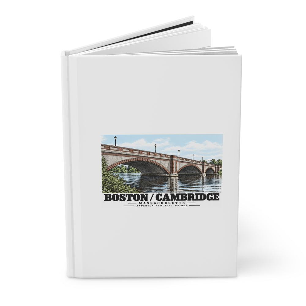 Partly opened white hardcover journal showing Anderson Memorial Bridge close arch view artwork on the front