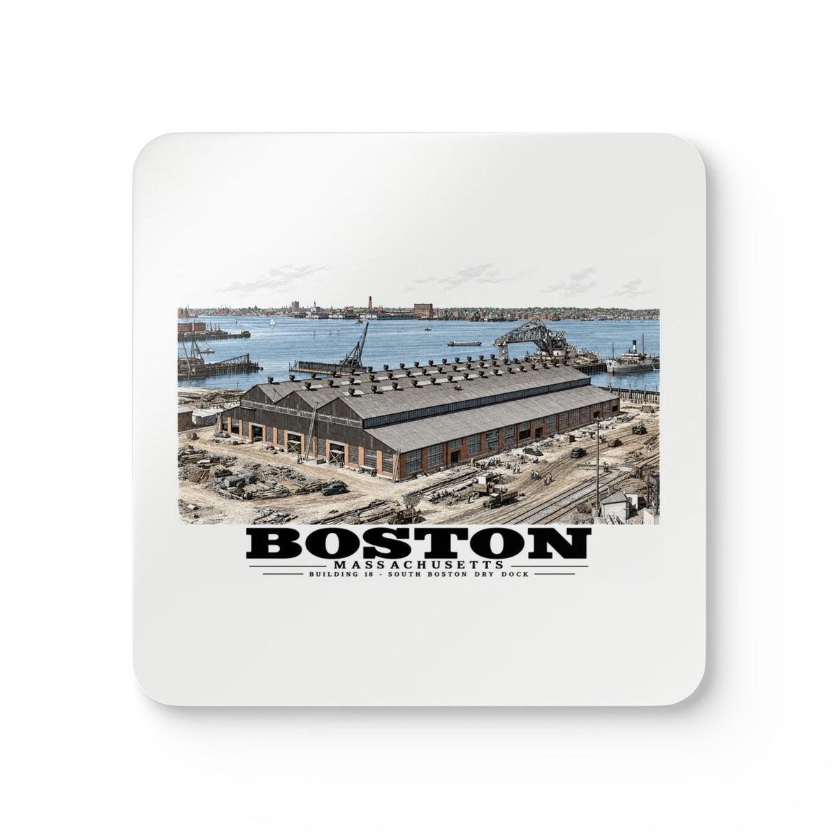 Building #18 US Naval Dry Dock, South Boston, Completed 2/1942 Cork Back Coaster Set - Boston Harbor