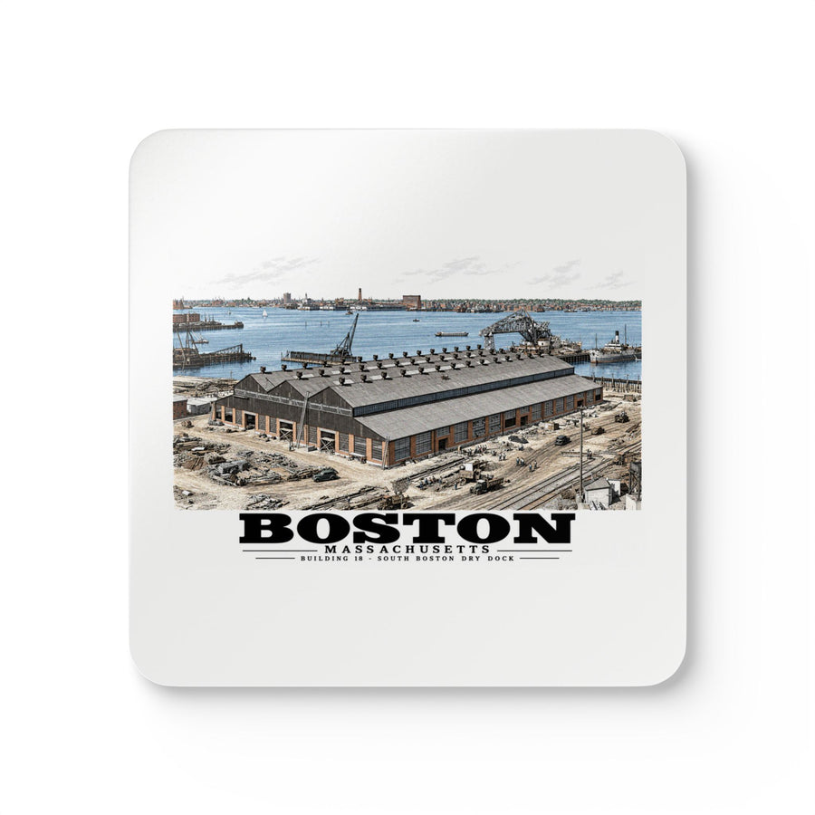 Building #18 US Naval Dry Dock, South Boston, Completed 2/1942 Cork Back Coaster Set - Boston Harbor