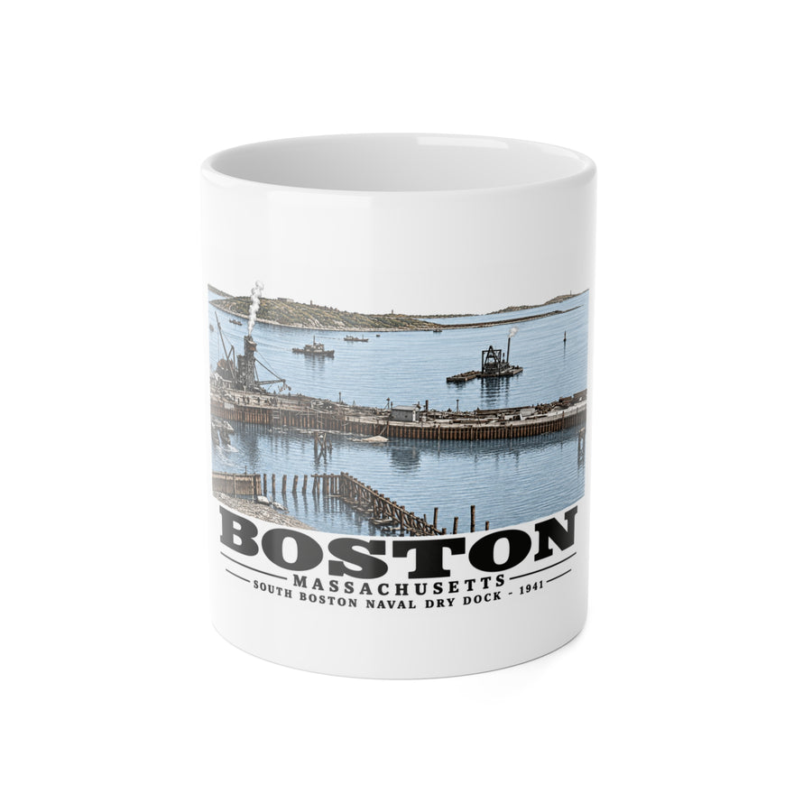South Boston Dry Dock Area April 16-41 from roof of elevator shaft SE 11 oz White Ceramic Mug - Boston Harbor