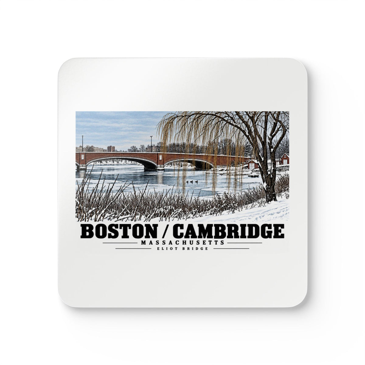 White square coaster showing Eliot Bridge winter river view with snow and bare trees artwork and Boston/Cambridge lettering