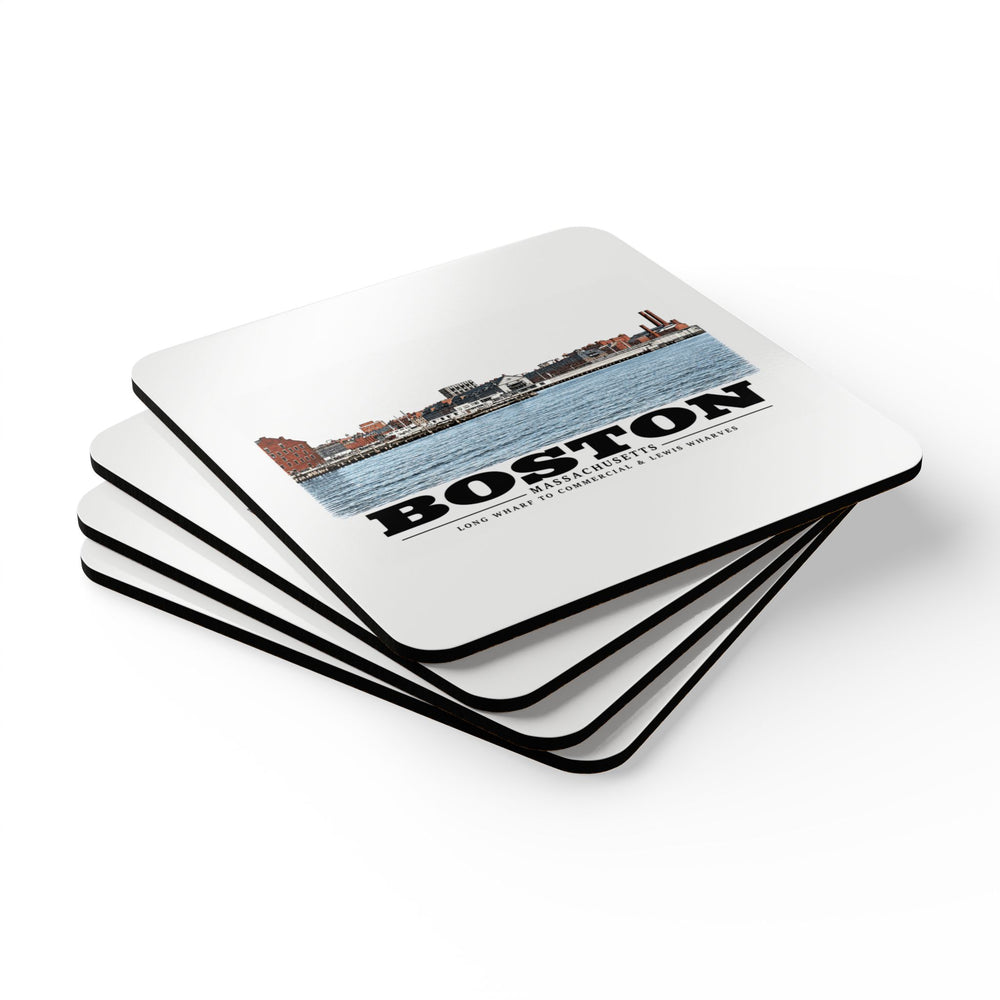 Long Wharf left to Commercial and Lewis right Cork Back Coaster Set - Boston Harbor