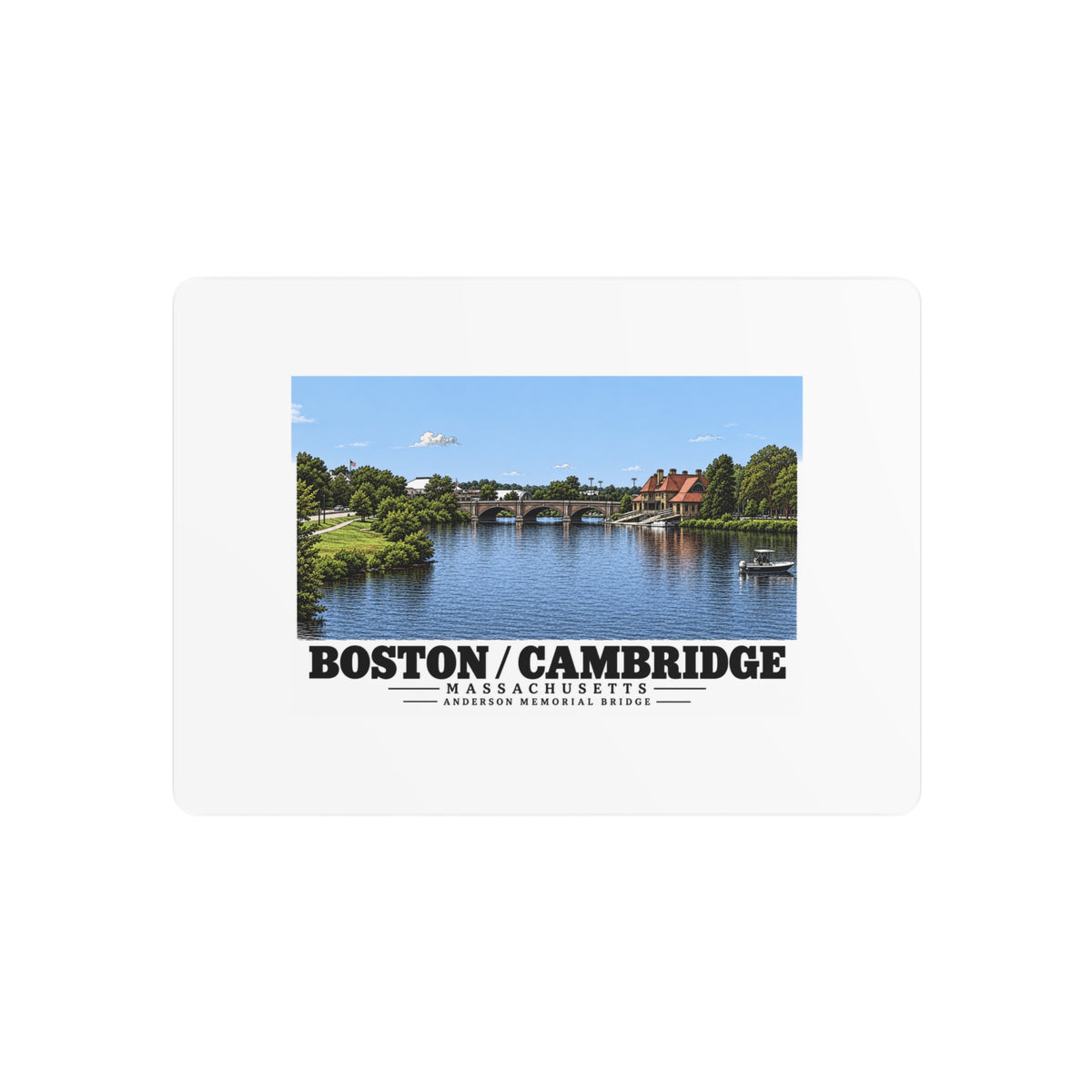 Metal wall print showing Anderson Memorial Bridge distant river view artwork and Boston/Cambridge lettering