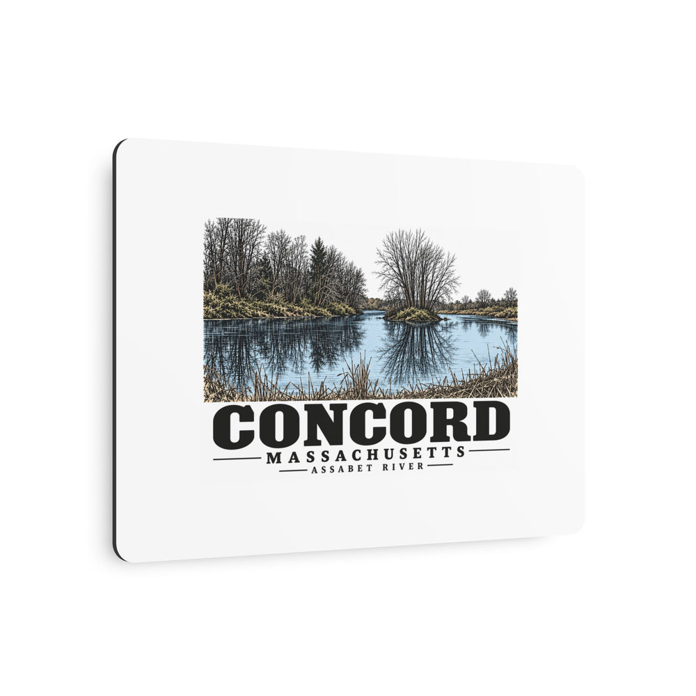 Illustrated Assabet River in Concord on metal art sign