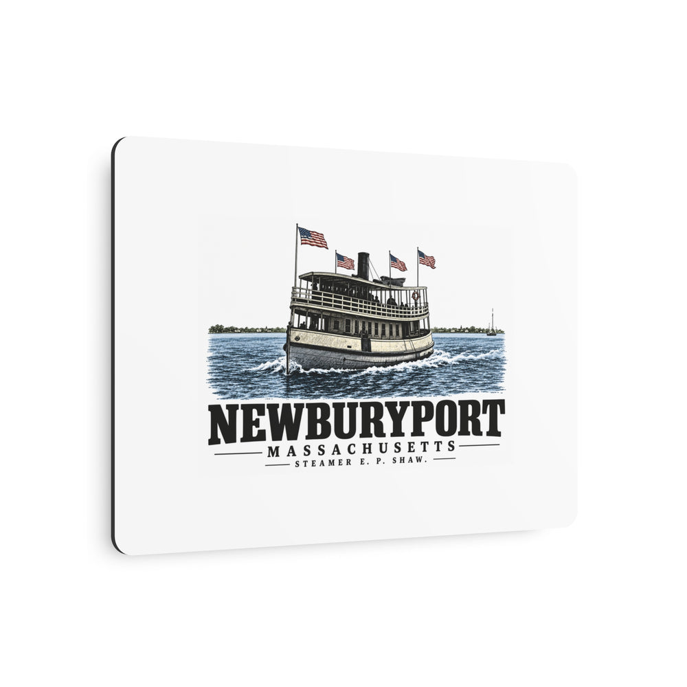 Angled front of Steamer E. P. Shaw metal wall art, with Newburyport, Massachusetts artwork and lettering.