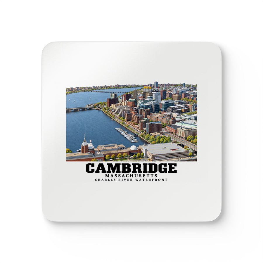 White square coaster showing Cambridge Charles River waterfront aerial city view artwork and Cambridge lettering