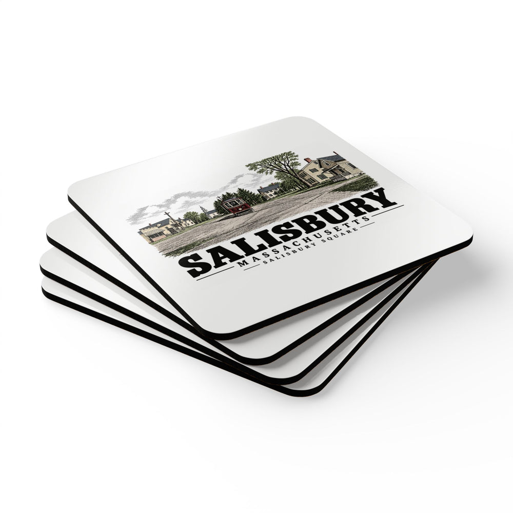 Stack of four coasters of Salisbury Square square cork-backed coaster set, Salisbury, Massachusetts.
