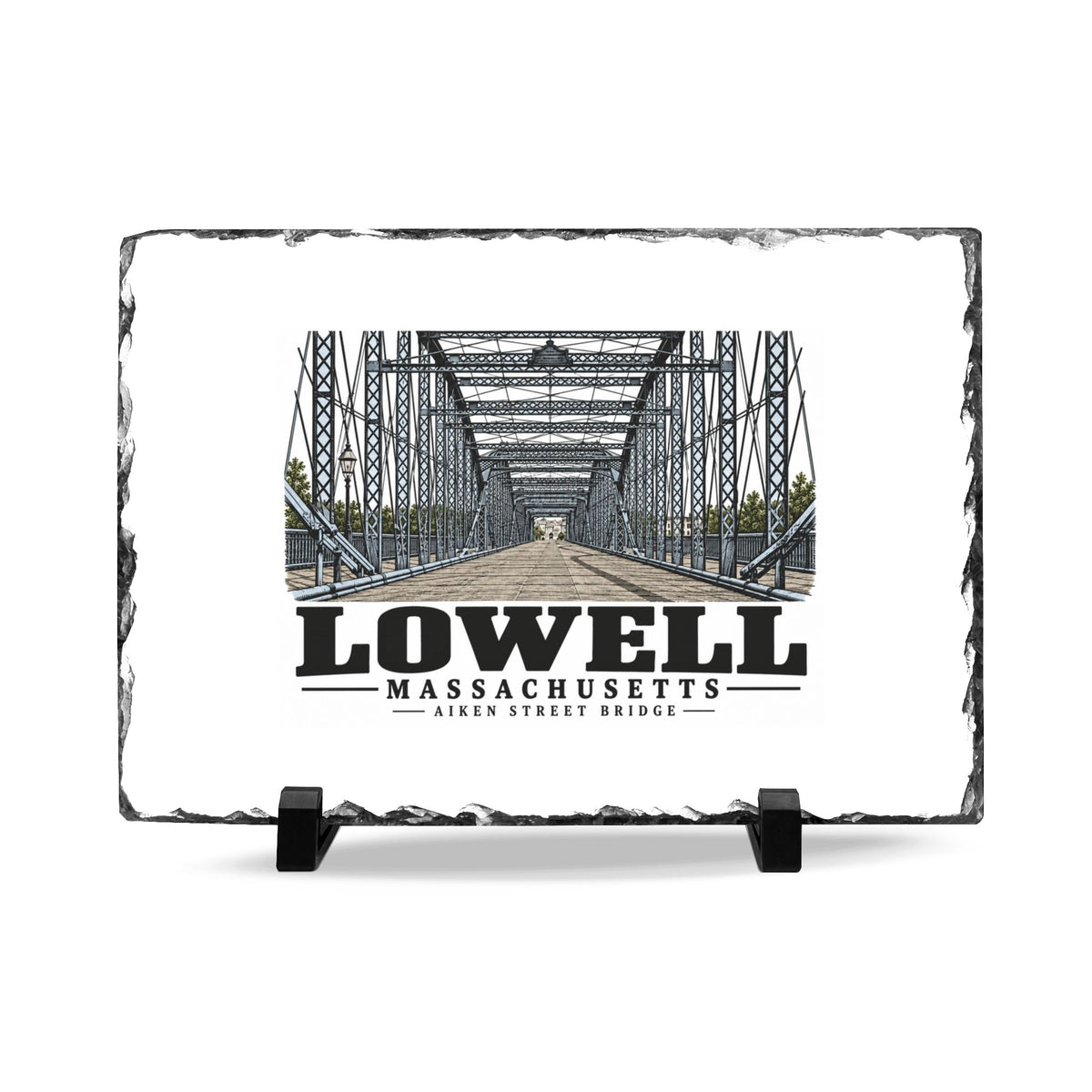 Front on display stands of Aiken Street Bridge slate desk plaque, with Lowell, Massachusetts artwork and lettering.