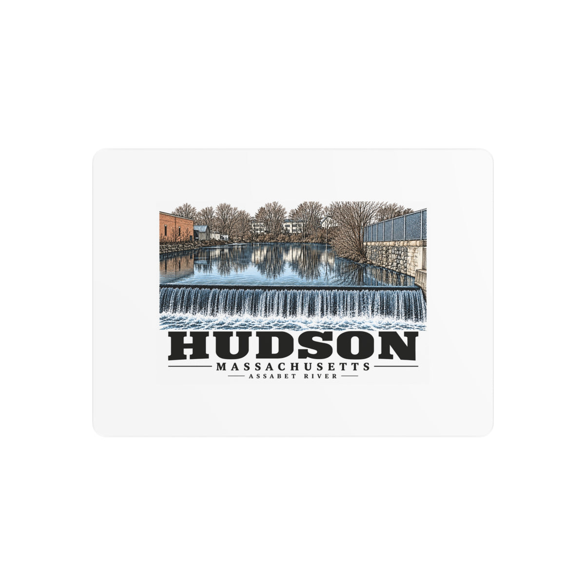 Illustrated Assabet River in Hudson on metal art sign