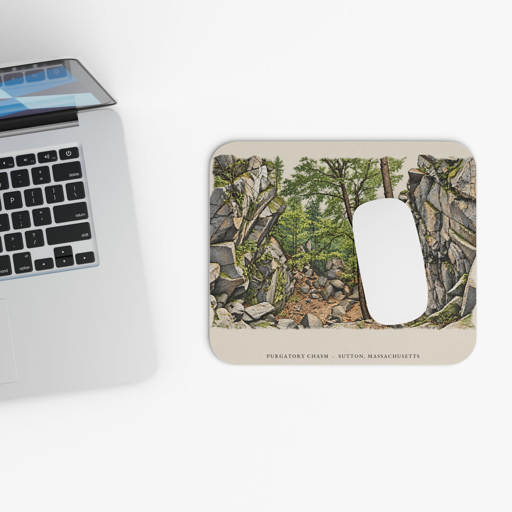 Sutton Purgatory Chasm mouse pad mockup showing the full illustrated print