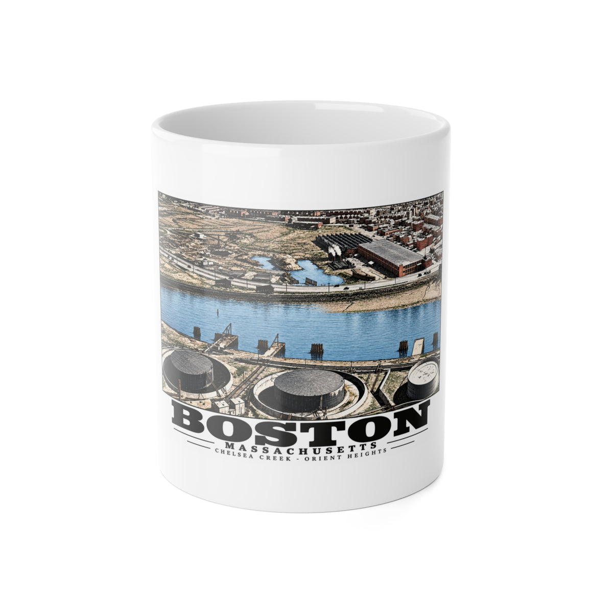 Orient Heights taken at 600 feet-Shore line, Chelsea Creek, East Boston 11 oz White Ceramic Mug - Boston Harbor