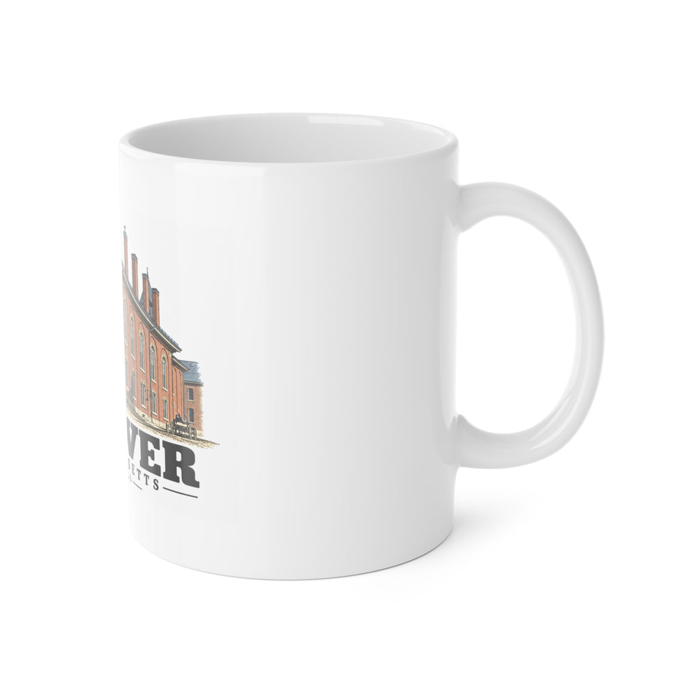 Right-handle side view of Town Hall white ceramic mug, Andover, Massachusetts.