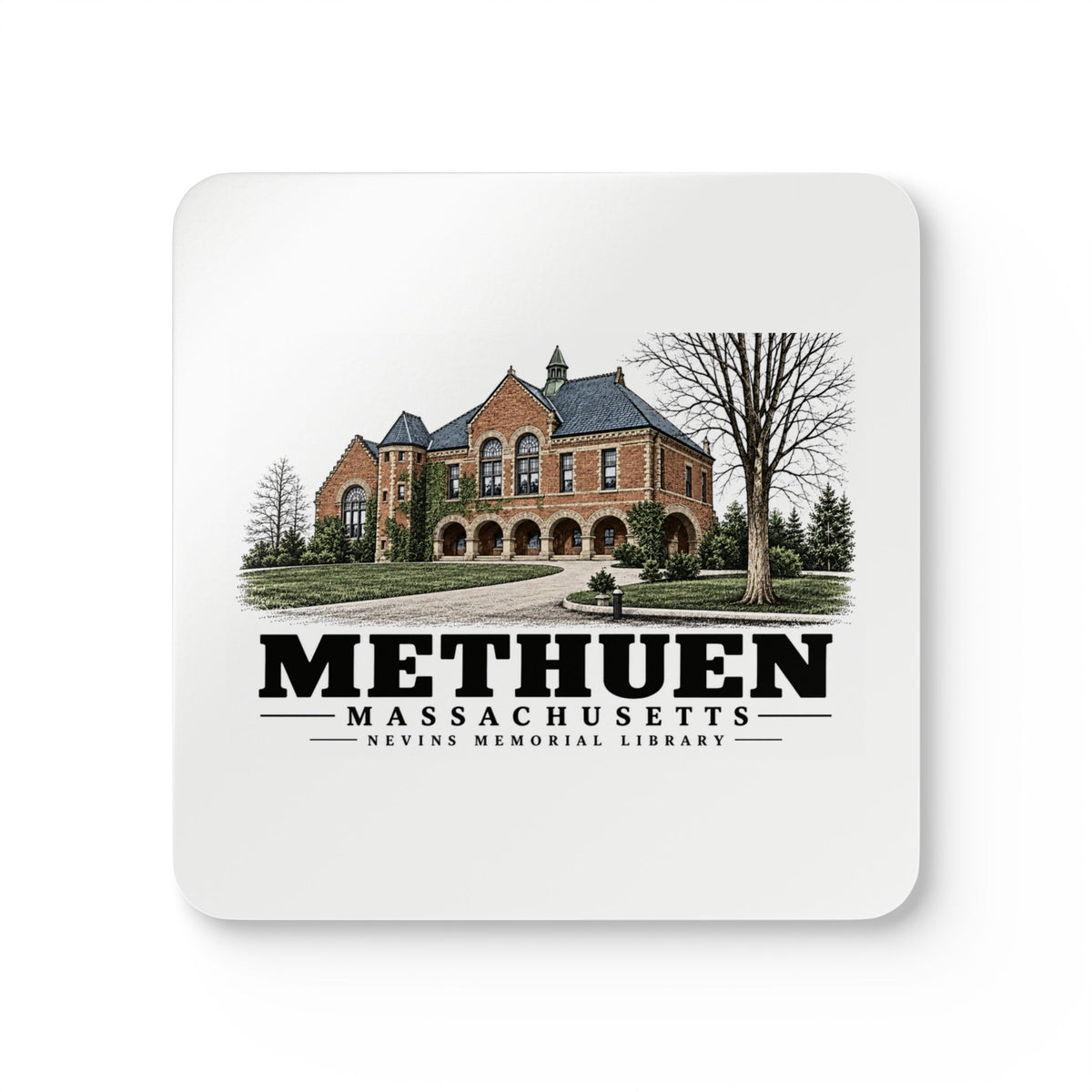 Methuen The Nevins Memorial Library, p.100 lower image Cork Back Coaster Set - Merrimack Valley Goods