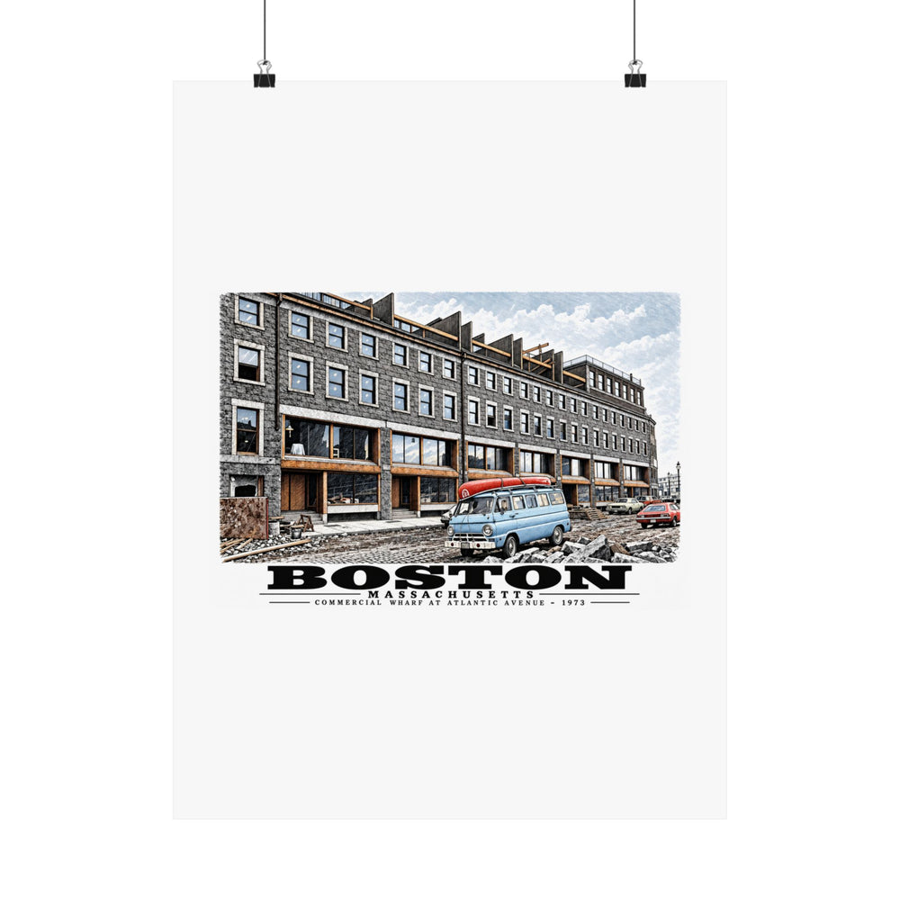Commercial Wharf Street buildings, blue van and renovation debris poster with Boston lettering hanging from two binder clips