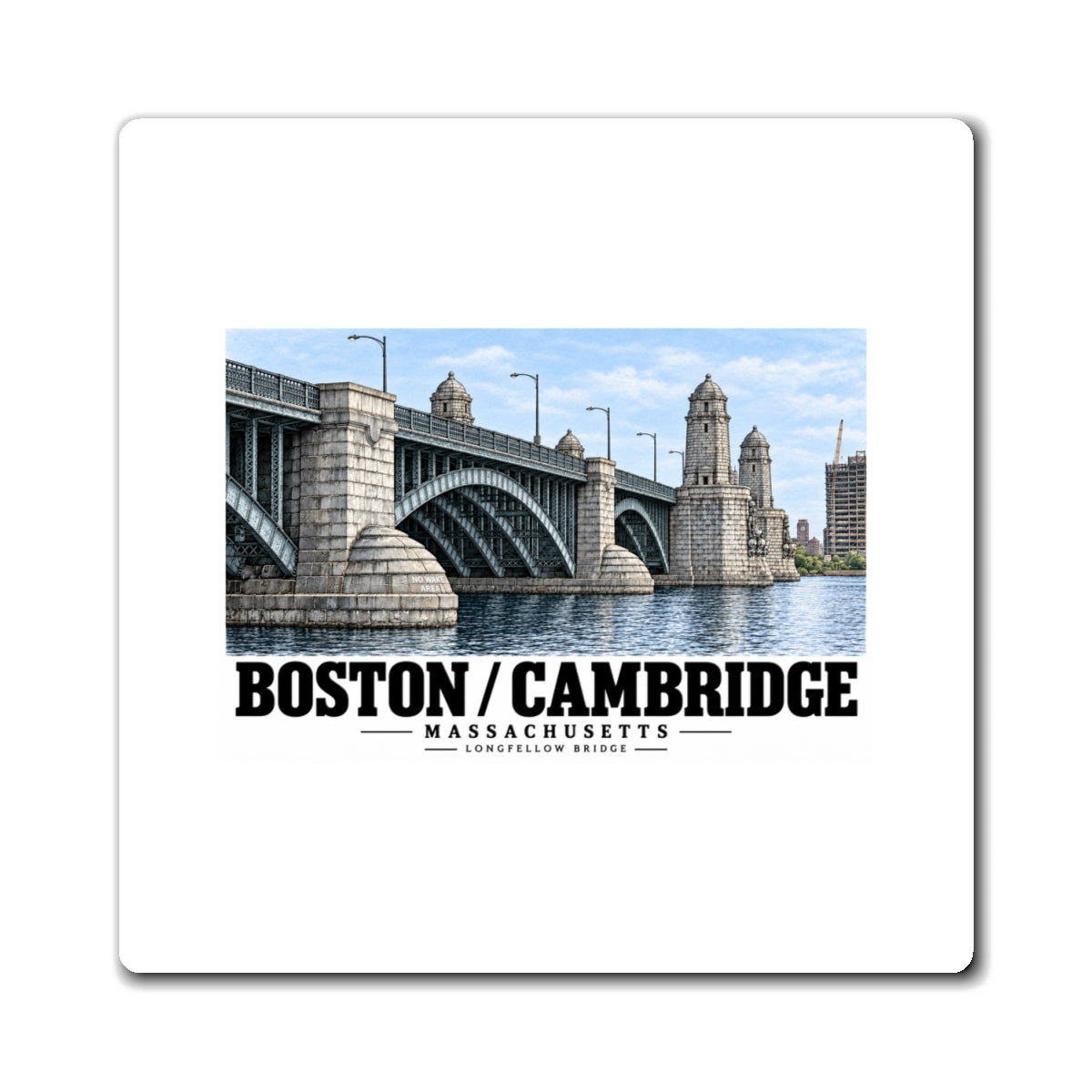White magnet front with Longfellow Bridge artwork and Boston/Cambridge lettering.