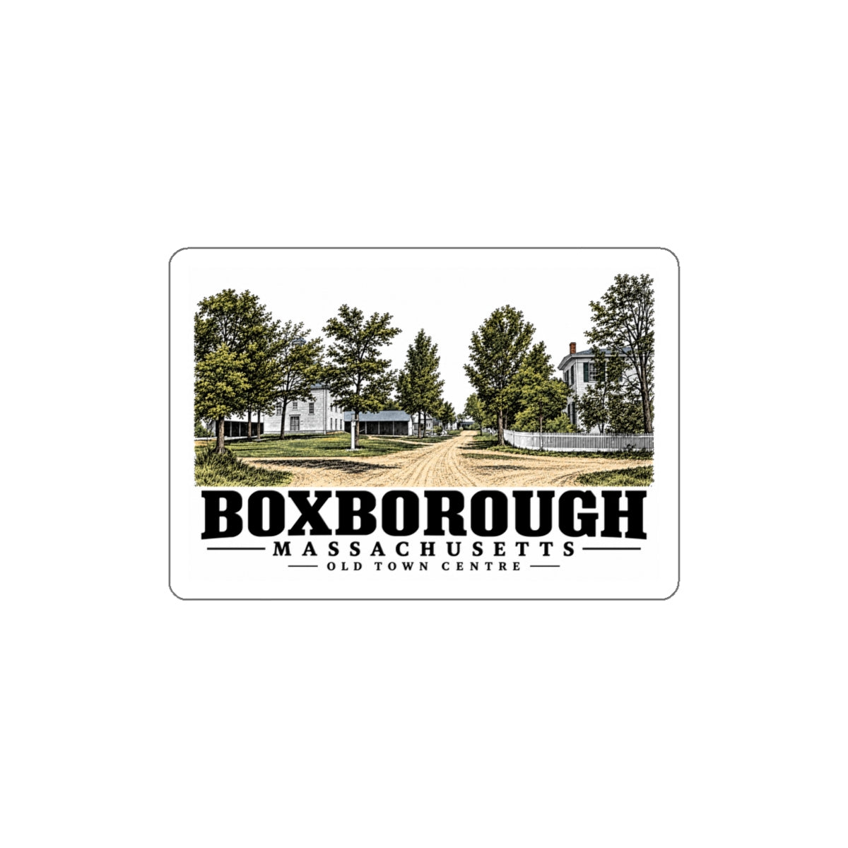 Illustrated Old Town Centre in Boxborough on die-cut sticker