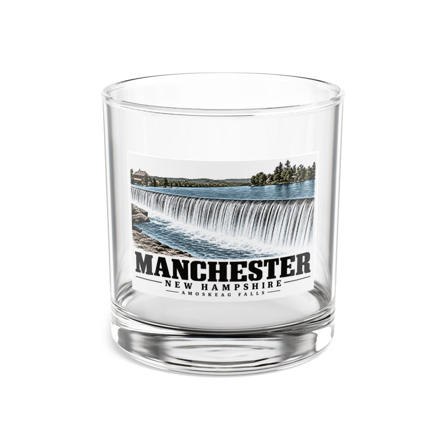 Front of Amoskeag Falls rocks glass, with Manchester, New Hampshire artwork and lettering.