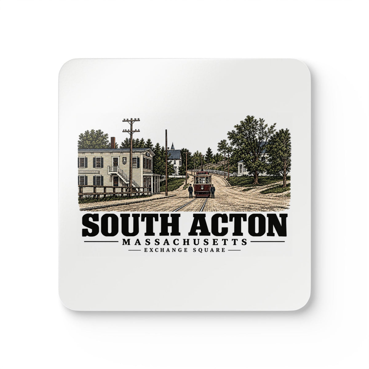 Illustrated Exchange Square in South Acton on corkwood coaster set