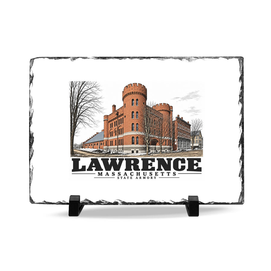 Illustrated State Armory in Lawrence on slate desk plaque