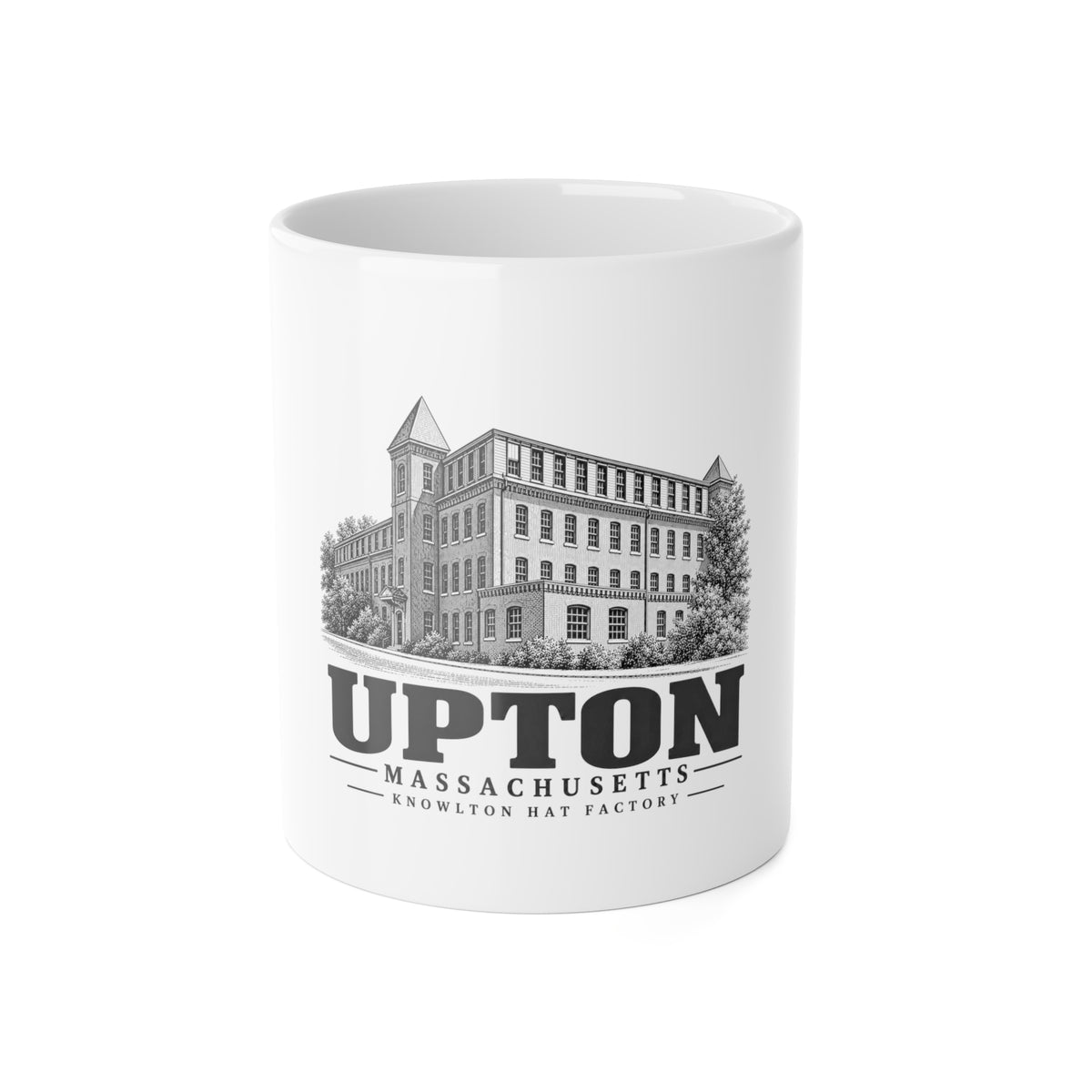 Upton Knowlton Hat Factory artwork on an 11 oz white ceramic mug, front view